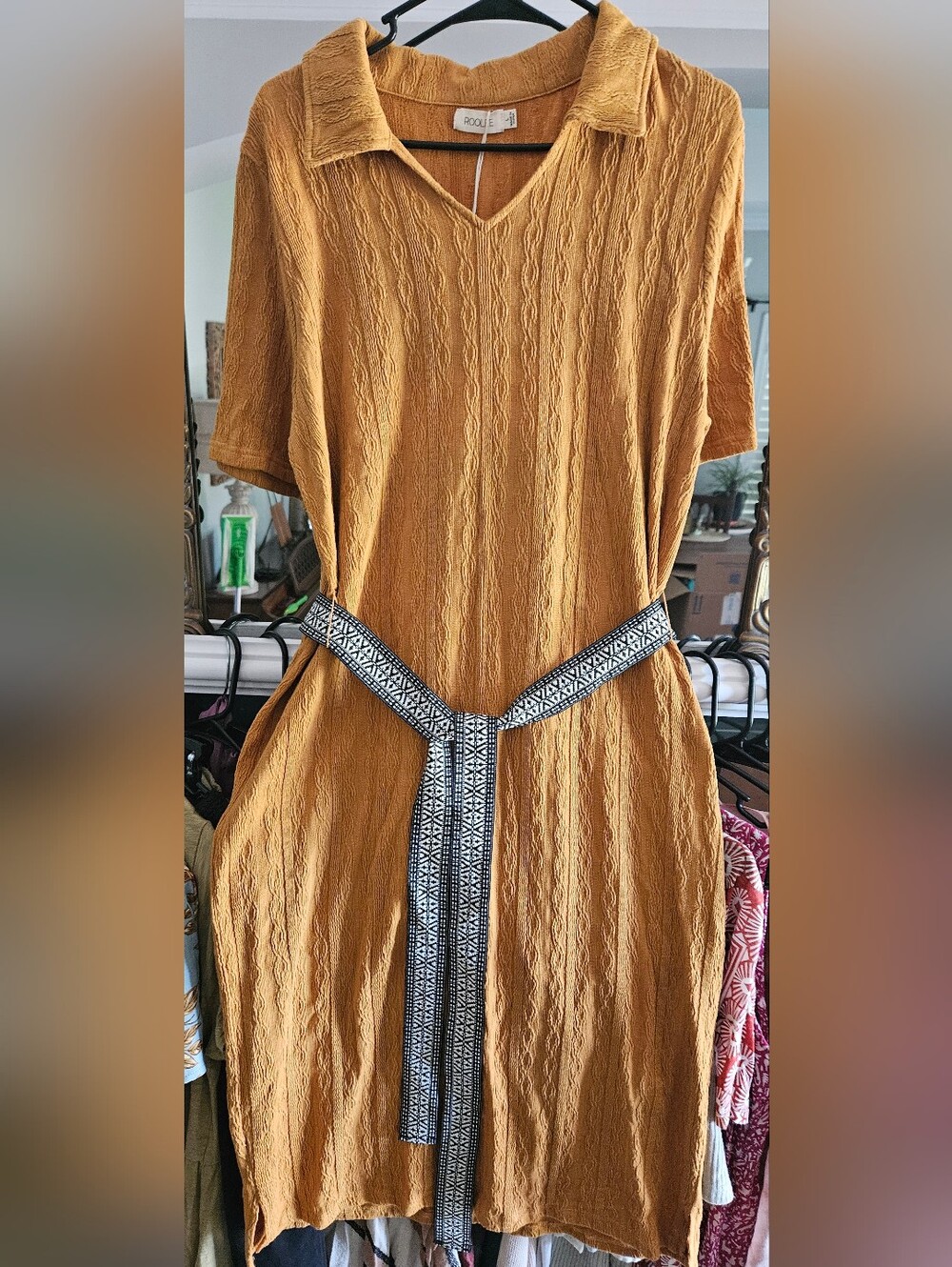 ROOLEE NWT Mustard Textured Sweater Knit Midi Dress w/ Woven Belt Size L
